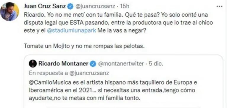 El tremendo cruce de Ricardo Montaner con Juan Cruz Sanz: "No te metas con mi familia"