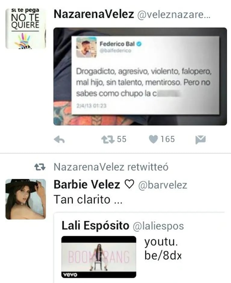 Barbie y Nazarena Vélez publicaron fuertes tweets tras las polémicas declaraciones de Federico Bal en Intrusos