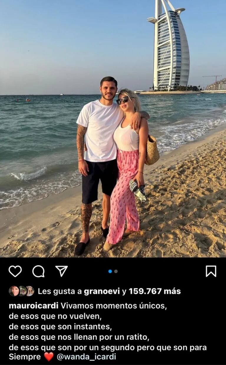 Mauro Icardi posteó una foto con Wanda Nara y un sugerente mensaje: "Vivamos momentos únicos, de esos que no vuelven"