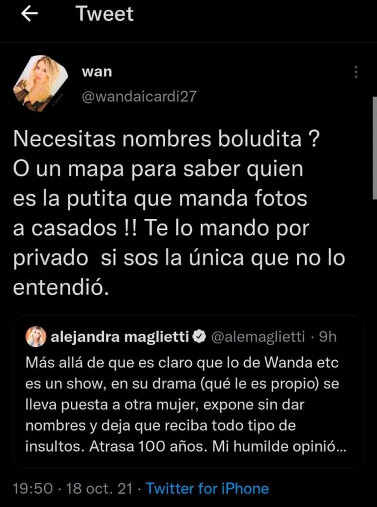Wanda Nara, furiosa contra Ale Maglietti por defender a la China Suárez: "¿Necesitás nombres bol...?"