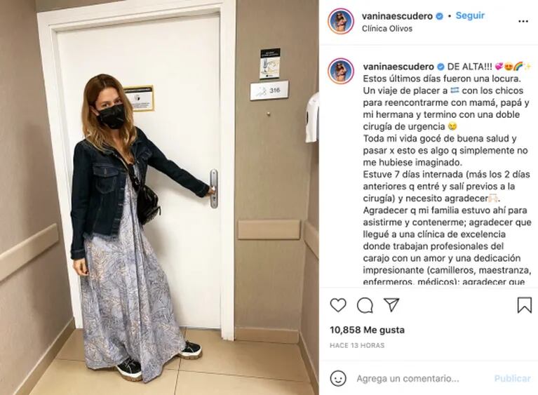 Vanina Escudero recibió el alta y habló de su salud en un conmovedor posteo: "Un viaje de placer terminó con una doble cirugía de urgencia"