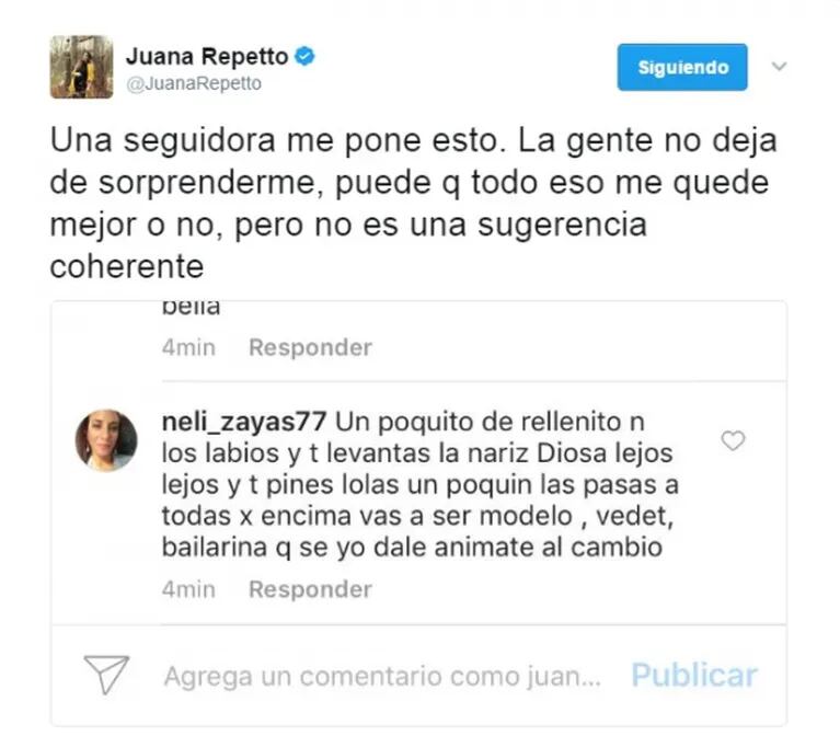 La reacción de Juana Repetto tras un particular consejo estético de una seguidora: "No es una sugerencia coherente"