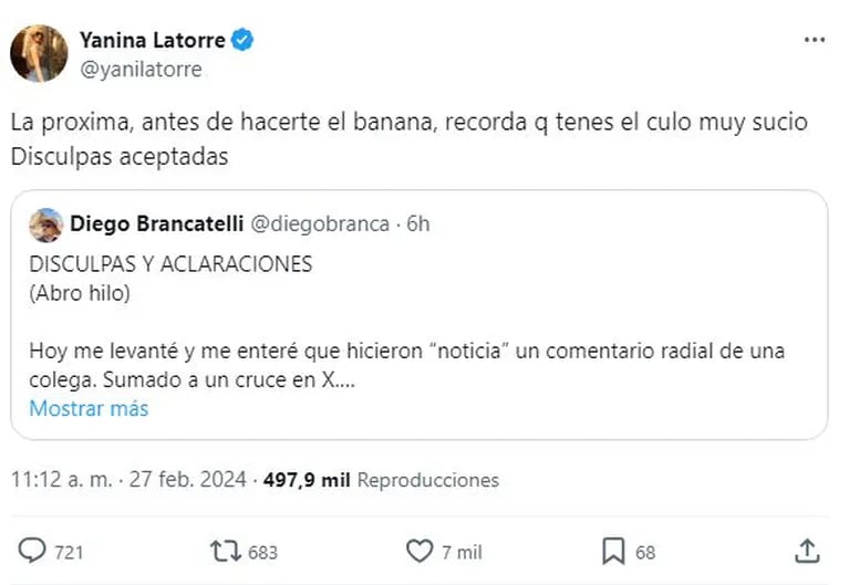 La respuesta de Yanina Latorre a Diego Brancatelli en Twitter.