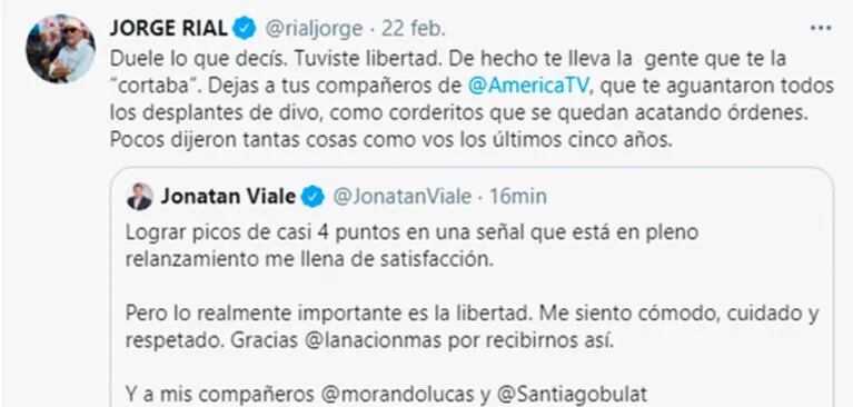 Jorge Rial salió con los tapones de punta contra Jonatan Viale: "Tus compañeros de América te aguantaron todos los desplantes de divo"