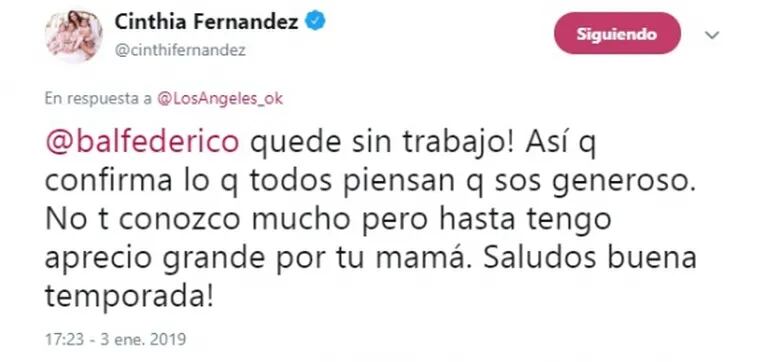 Cinthia Fernández se disculpó con Fede Bal tras el pedido de retractación del actor: "Perdón si usé mal el término 'agresivo'"