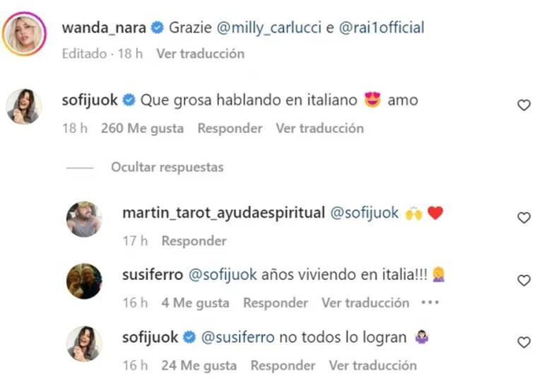 Jujuy Jiménez elogió a Wanda Nara por cómo habló italiano en una nota y se cruzó con un seguidor