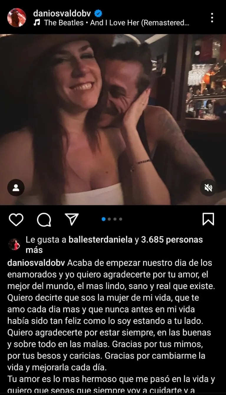 La declaración de amor de Daniel Osvaldo a Daniela Ballester en el Día de los Enamorados, el pasado 14 de febrero.