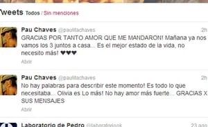 Los tiernos mensajes de Paula Chaves en Twitter (Foto: Captura de pantalla). 