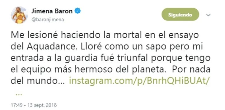 Jimena Barón se accidentó mientras ensayaba para el aquadance: "Me lesioné haciendo la mortal"