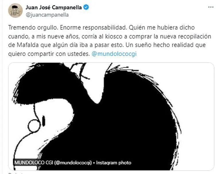 El posteo de Juan José Campanella en Twitter sobre la serie de Mafalda (Foto: Twitter / X)