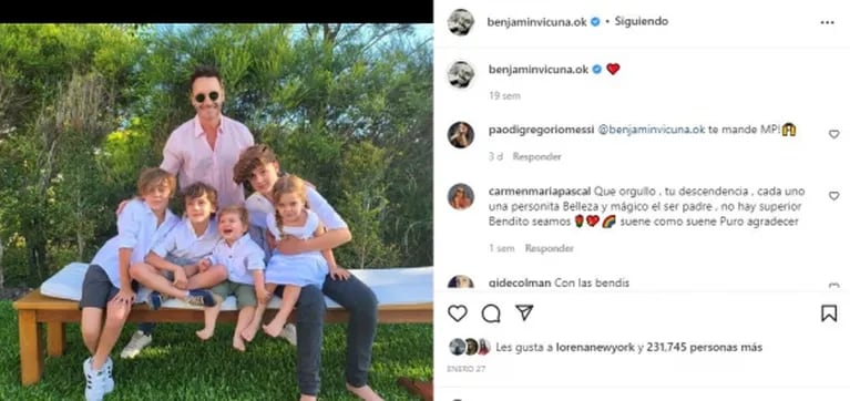 Benjamín Vicuña publicó una foto con Magnolia y Amancio tras el palito de la China Suárez a su rol como padre