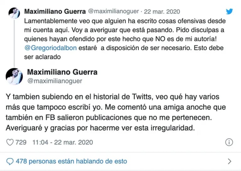 Tras el insulto a Cristina Fernández de Kirchner, Maximiliano Guerra dijo que lo hackearon: "No son de mi autoría"
