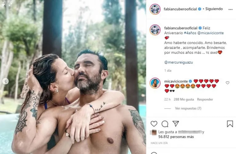 La romántica declaración de amor de Mica Viciconte a Cubero por sus cuatro años juntos: "Mi gran compañero de vida"