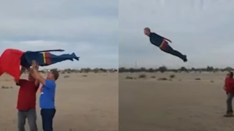 Dos hombres construyen un Superman de tamaño real y consiguen que vuele
