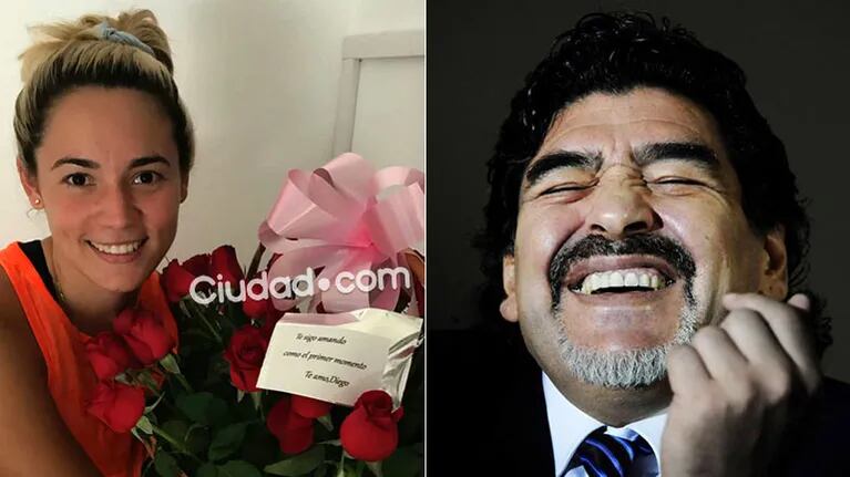"Te sigo amando como el primer momento. Te amo. Diego", le dedicó Maradona a Rocío Oliva el ramo de rosas.