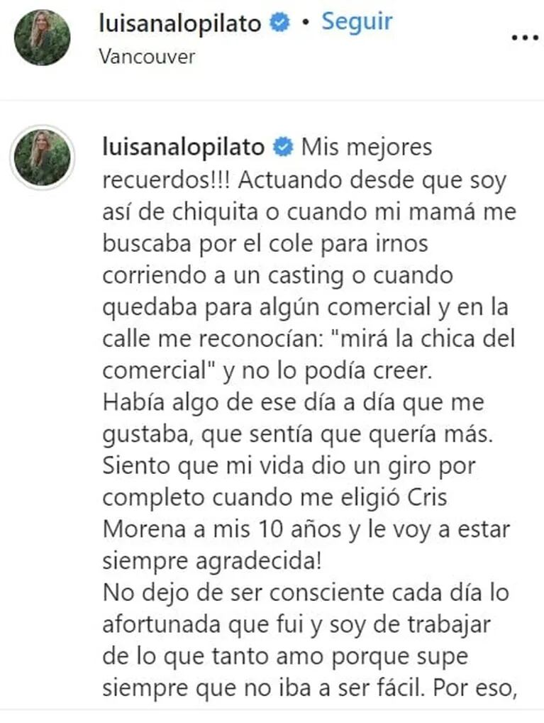 Luisana Lopilato compartió imágenes inéditas de sus comienzos y conmovió a sus fans: "Así de chiquita"