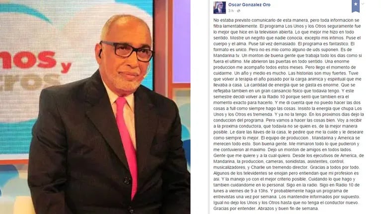 Oscar González Oro deja Los unos y los otros: sus profundos motivos (Foto: Web y Facebook)