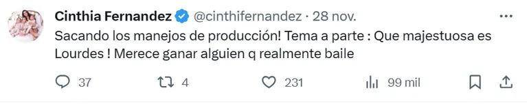 Cinthia Fernández fulminó a Lourdes Sánchez y a la producción del Bailando 2023