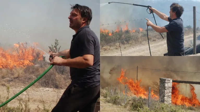 Damian de Santo combate un incendio cercano a sus cabañas en La Cumbre