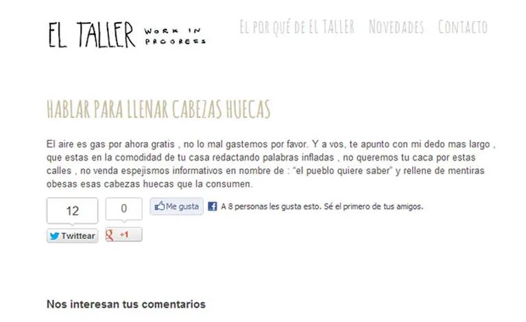 El texto en el blog de Gonzalo Heredia (Captura: www.eltallerproducciones.com)