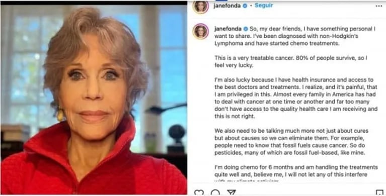 Jane Fonda contó que fue diagnosticada de cáncer y que comienza quimioterapia