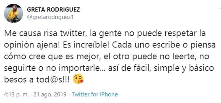 Escandaloso tweet de Greta Rodríguez contra Alina Moine por el rumor de romance con Marcelo Gallardo