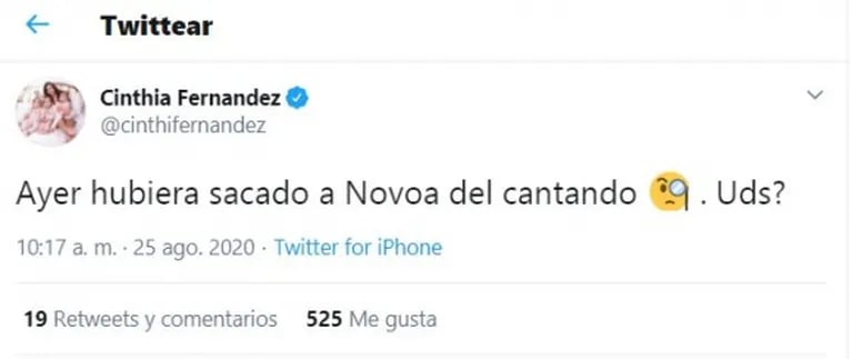 Sorpresivo tweet de Cinthia Fernández tras la eliminación de Agustina Agazzani del Cantando: "Hubiera sacado a Novoa"