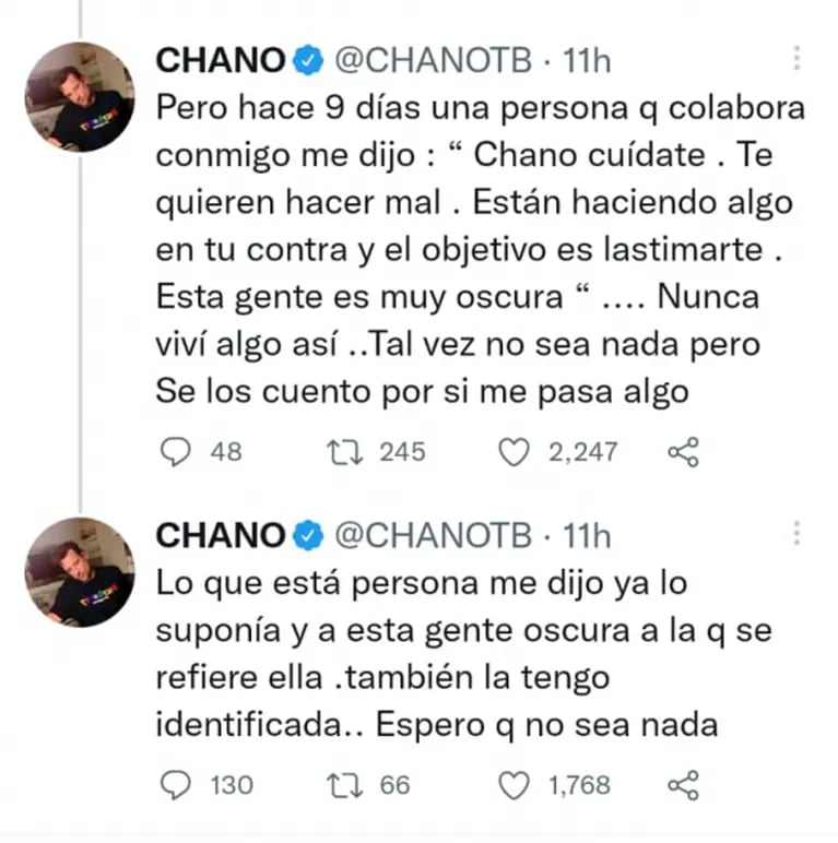 Preocupantes mensajes de Chano: "Es gente oscura; lo cuento por si me pasa algo"