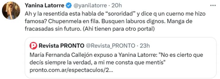 La filosa respuesta de Yanina Latorre a María Fernanda Callejón por haber dicho que la maltrataba cuando se divorció 