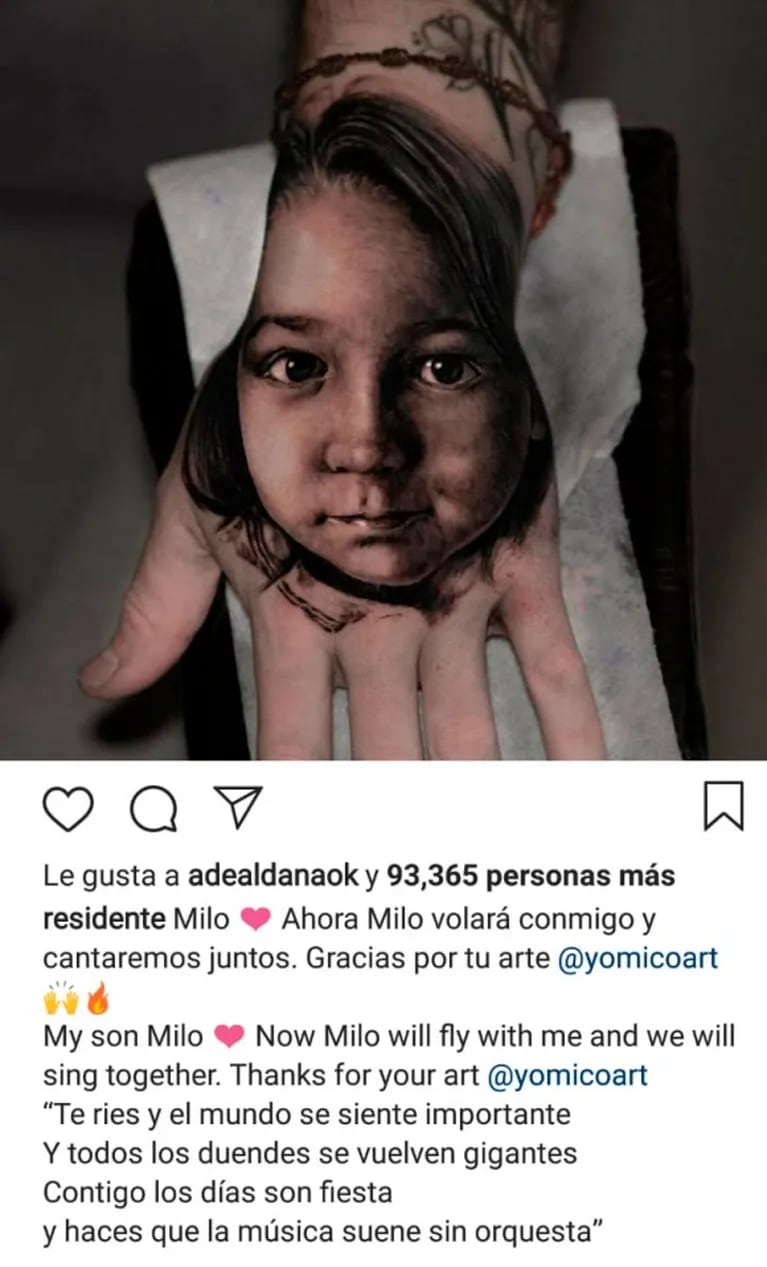 René Pérez se tatuó la cara de su hijo en la mano: "Ahora Milo volará conmigo y cantaremos juntos"