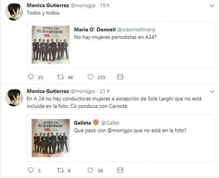 El irónico mensaje de Mónica Gutiérrez, tras el aviso de A24 sin periodistas mujeres