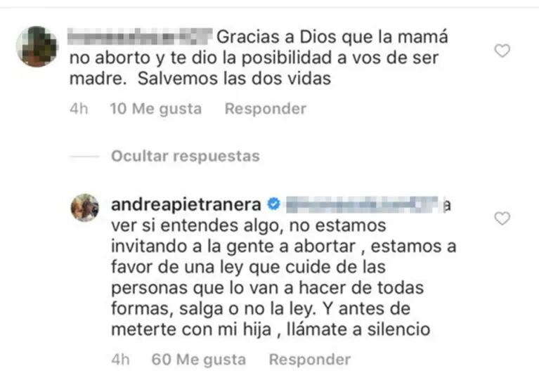 Fuerte respuesta de Andrea Pietra cuando cuestionaron su posición frente al aborto: "Antes de meterte con mi hija, llamate a silencio"