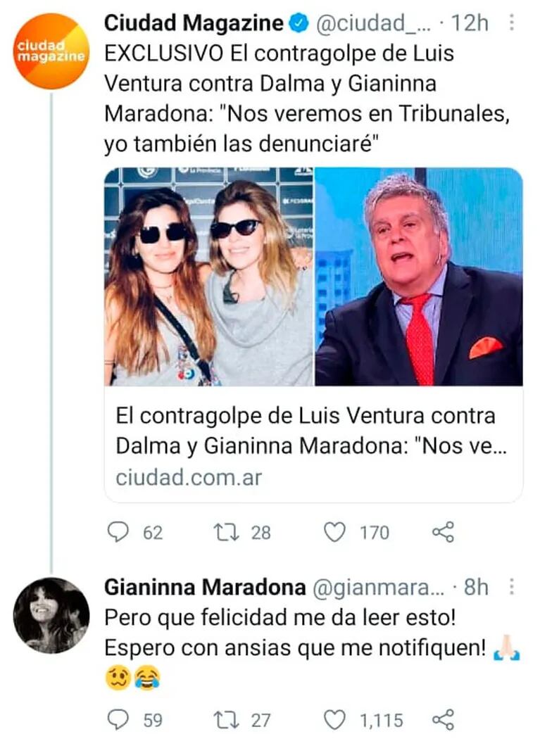 Gianinna Maradona reaccionó tras la advertencia de Ventura de que la llevará a Tribunales: "Espero con ansias que me notifiquen"