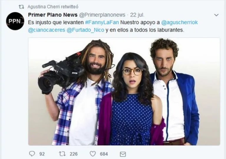 Telefe levantó Fanny la fan y Agustina Cherri expresó su bronca en Twitter