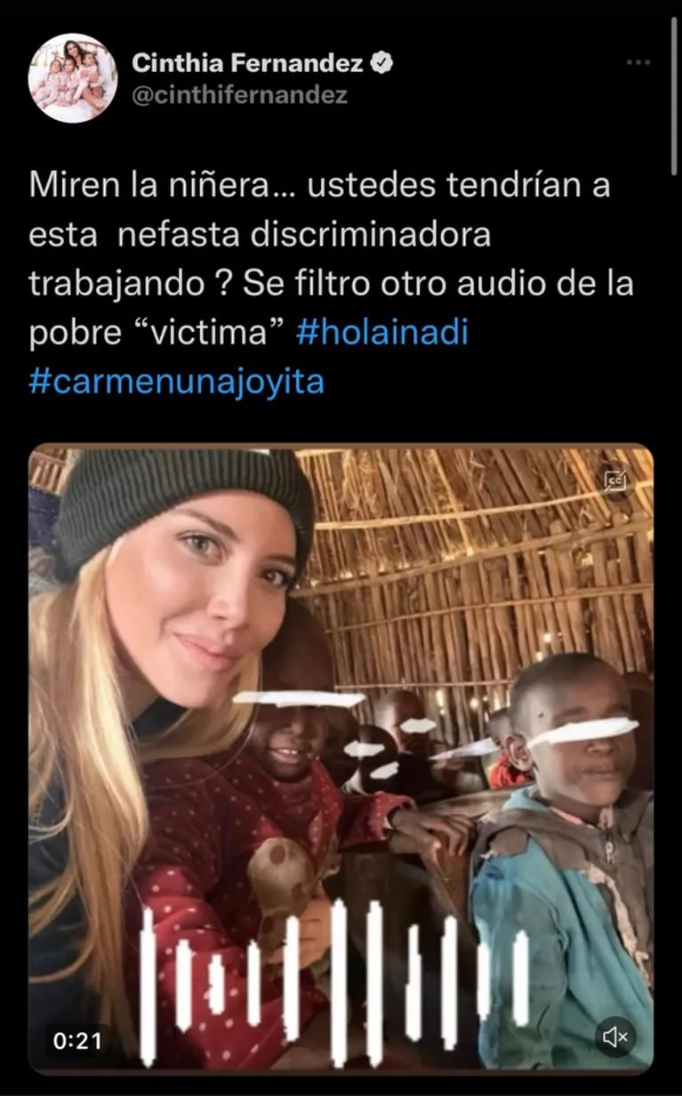 Cinthia Fernández filtró otro audio racista de la exempleada de Wanda Nara