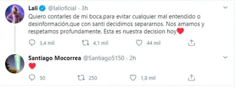 La reacción de Santiago Mocorrea al anuncio de Lali Espósito de su separación