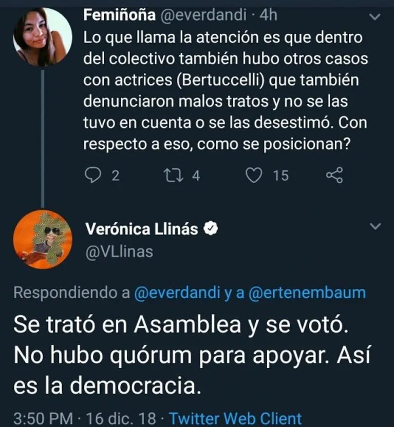 Verónica Llinás reveló por qué Actrices Argentinas no apoyó a Valeria Bertuccelli en su denuncia contra Darín