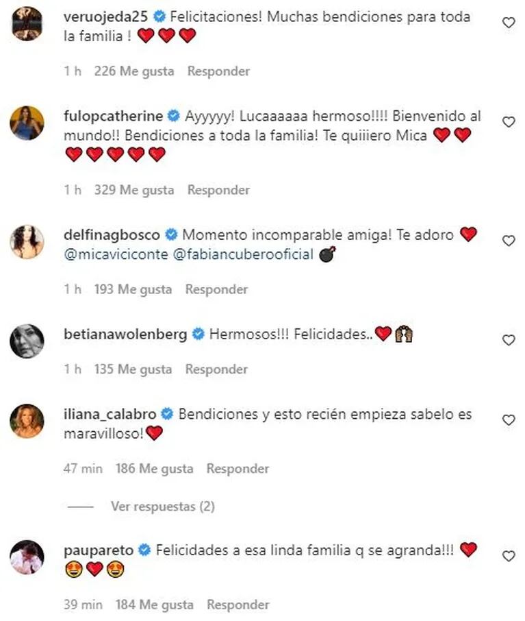 Los tiernos mensajes de los famosos a Mica Viciconte y Fabián Cubero por el nacimiento de Luca: "Muchas bendiciones para toda la familia"