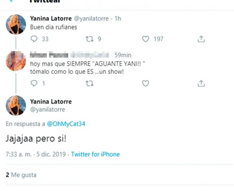 La reacción de Yanina Latorre en Twitter tras la escandalosa versión de intento de affaire de Diego Latorre