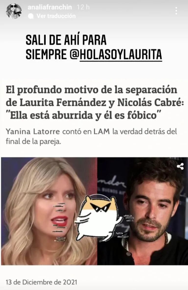 Fuerte consejo de Analía Franchín a Laurita Fernández sobre Nicolas Cabré tras su separación: "Salí de ahí para siempre"