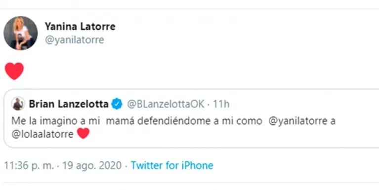 El conmovedor mensaje de Brian Lanzelotta ante la fuerte defensa de Yanina Latorre a su hija Lola: "Me la imagino a mi mamá defendiéndome así"