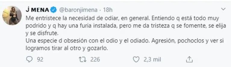Jimena Barón, tras ser criticada por hacer 'humor' en cuarentena: "Me entristece la necesidad de odiar"