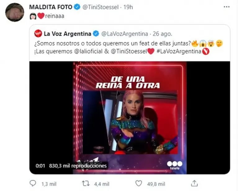 La reacción de Tini Stoessel tras el guiño de Lali Espósito en La Voz Argentina: "Reina"