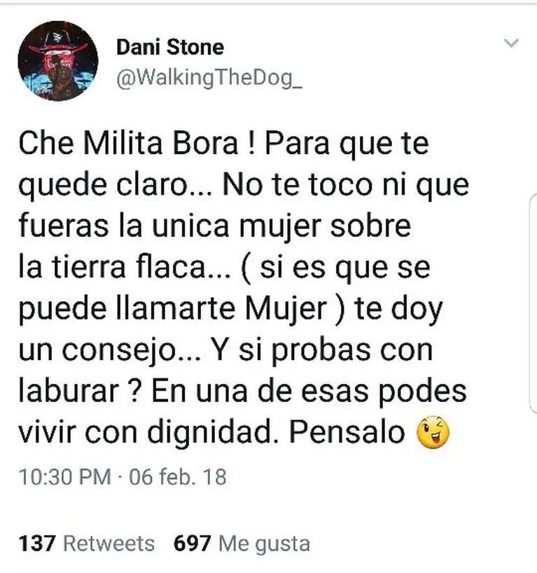Daniel Osvaldo atacó a Militta Bora en Twitter, luego de que estallara un falso rumor de un fogoso reencuentro: "No te toco ni que fueras la única mujer sobre la tierra, flaca"