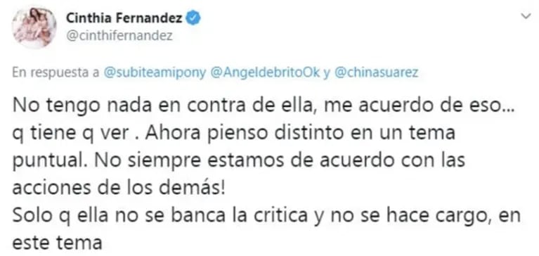 Qué dijo Cinthia Fernández al ver los mensajes retro buena onda con China Suárez: "No se banca la crítica"