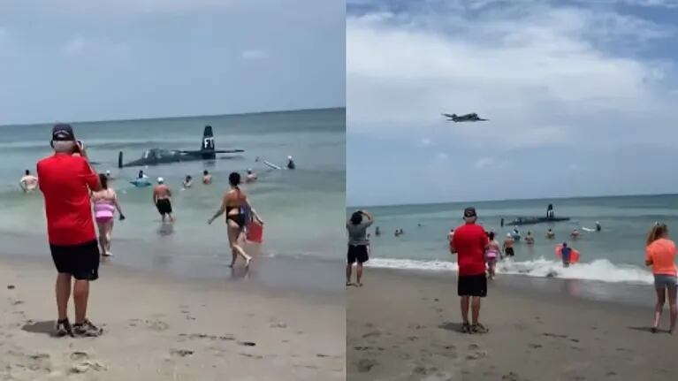 Una mujer captura en vídeo el dramático momento en que un avión aterriza de emergencia en el agua de una playa