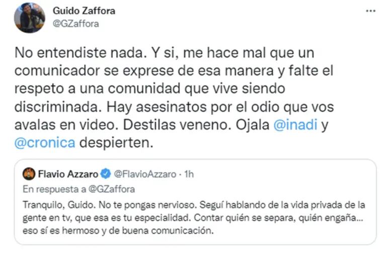 Flavio Azzaro se cruzó con Guido Zaffora tras ironizar sobre el ataque al bar LGBTIQ+: "Destilás veneno"