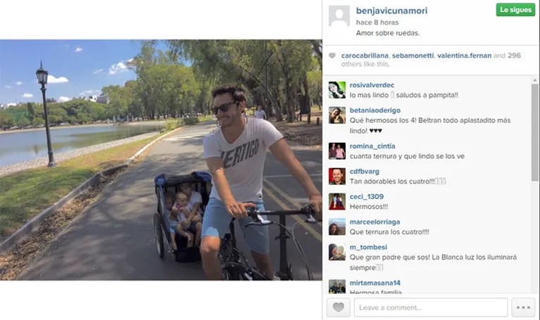 Benjamín Vicuña paseó a sus hijos por Palermo en un simpático remolque. (Foto: Instagram)