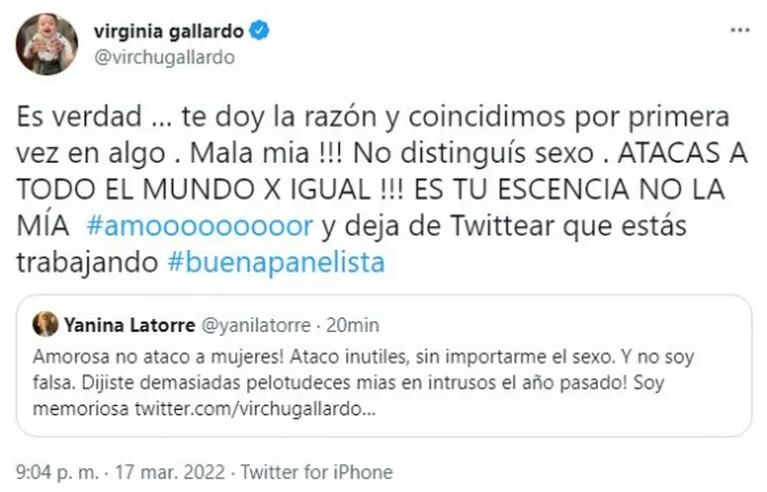 Yanina Latorre la trató de "inútil" y Virginia Gallardo le salió al cruce: "Prefiero ser eso y no una violenta y agresiva"