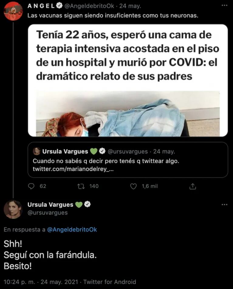 Tremendo cruce entre Ángel de Brito y Úrsula Vargués en Twitter: "Las vacunas siguen siendo insuficientes, como tus neuronas" 